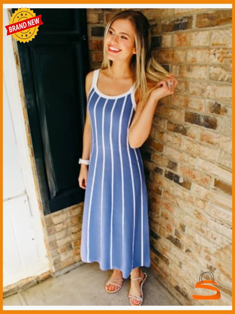 Striped A-Line Sleeveless Midi Dress - Knit Beach Vacation Outfit - Picture 6 of 7